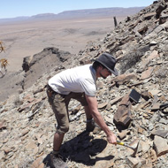 Fred Bowyer uses geological hammer to collect samples